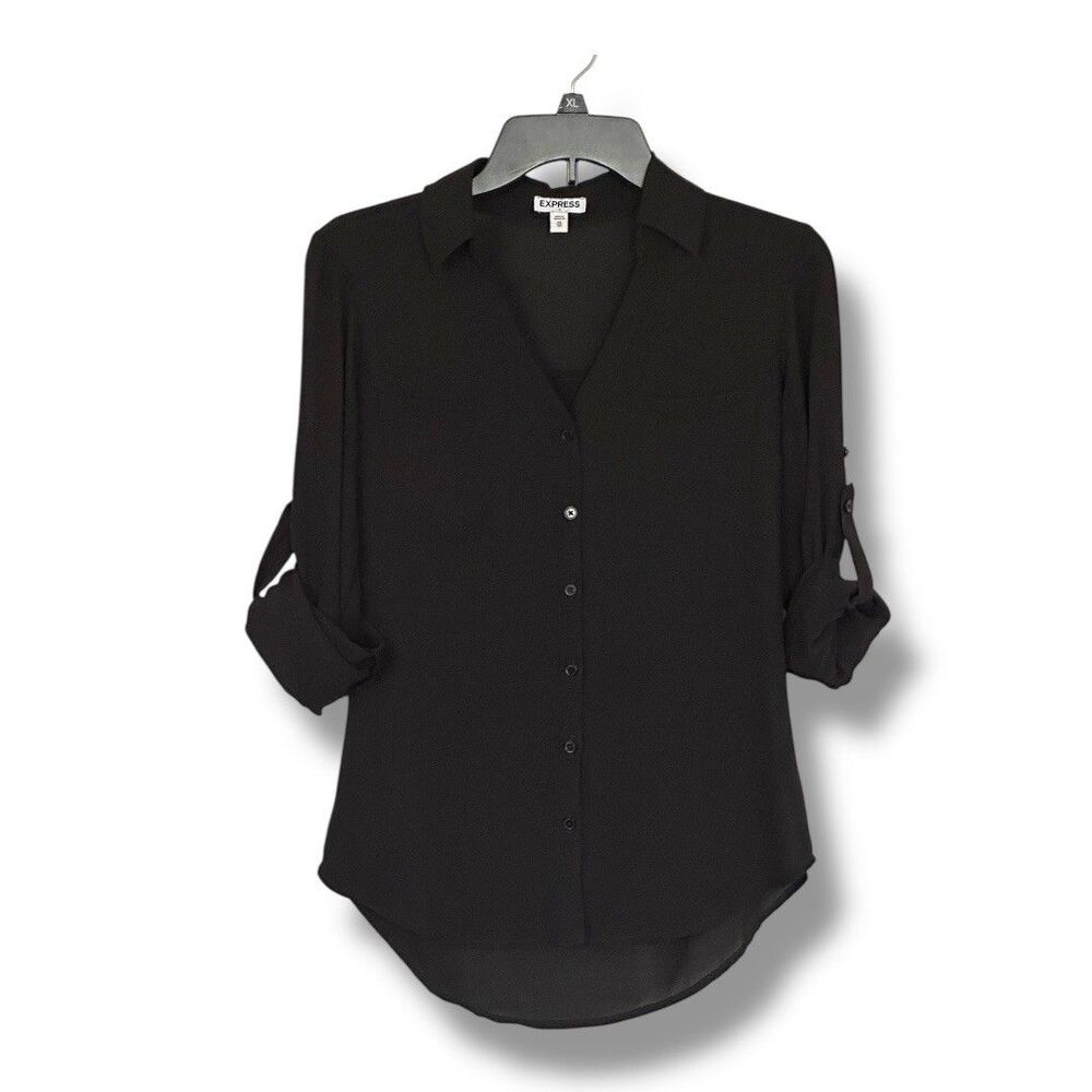Express Women’s Lightweight Button Up Blouse Roll Tab Sleeve XS Black Minimalist